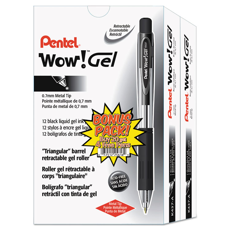 Picture of WOW! Retractable Gel Pen, .7mm, Translucent Barrel, Black Ink, 24/Pack