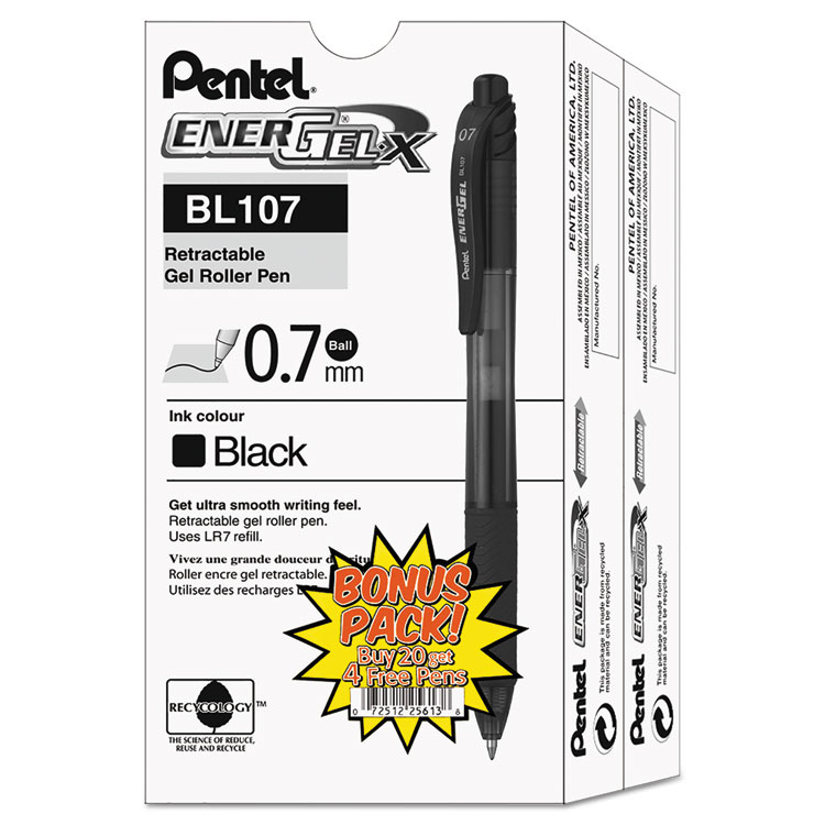Picture of Recycled gel pen, EnerGel-X Retractable Roller, .7mm, Black Barrel, Black Ink, 24/Pack