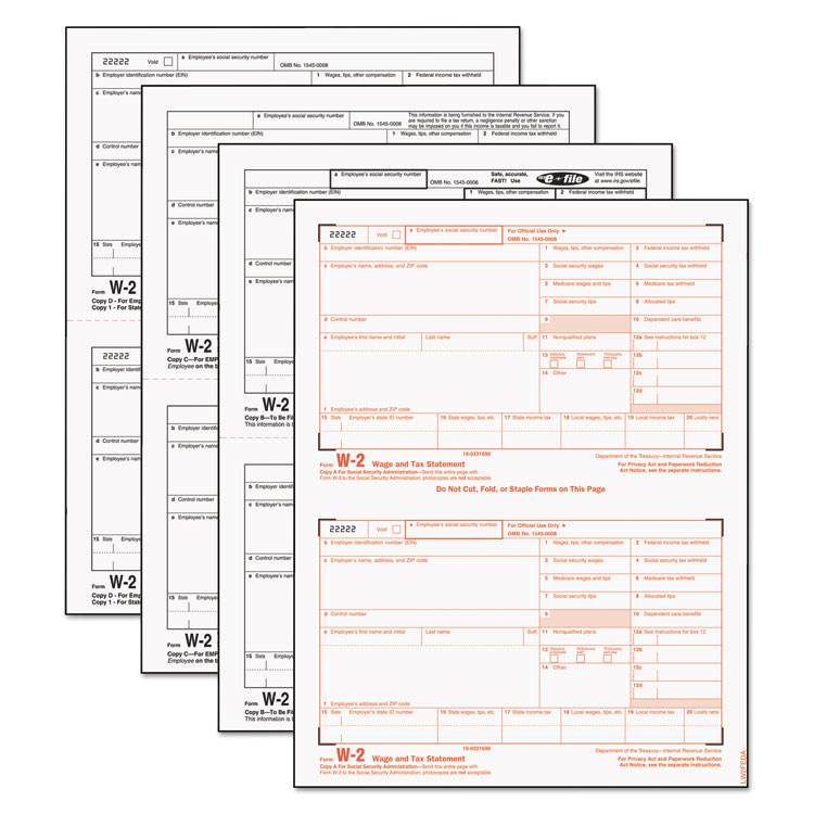 Picture of W-2 Tax Forms, 4-Part, 5 1/2 x 8 1/2, Inkjet/Laser, 50 W-2s & 1 W-3
