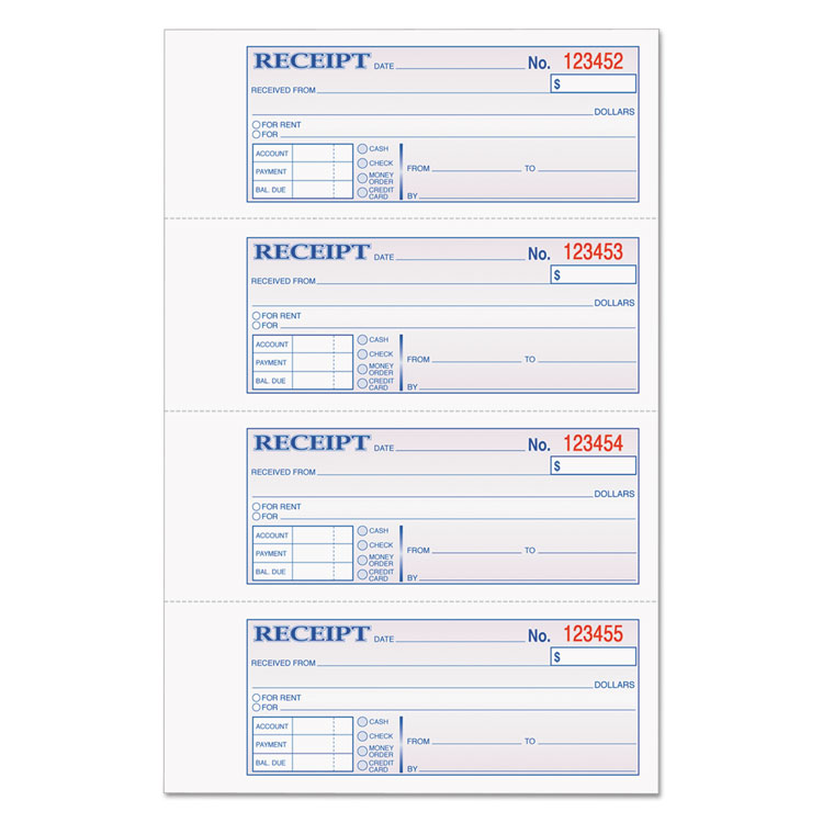 Picture of Money/Rent Receipt Books, 2-3/4 x 7 1/8, Three-Part Carbonless, 100 Sets/Book