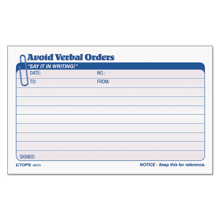 Picture of Avoid Verbal Orders Manifold Book, 6 1/4 x 4 1/4, 2-Part Carbonless, 50 Sets/BK