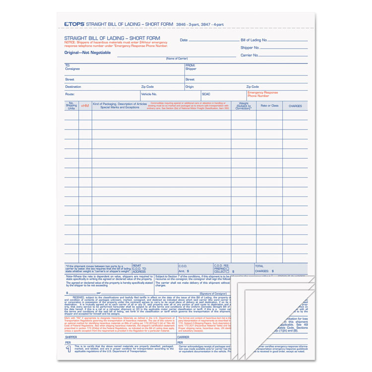 Picture of Bill of Lading,16-Line, 8-1/2 x 11, Four-Part Carbonless, 50 Forms