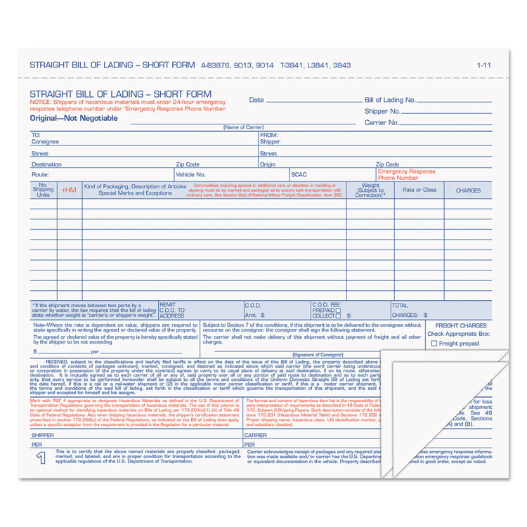 Picture of Hazardous Material Short Form, 7 x 8 1/2, Three-Part Carbonless, 50 Forms