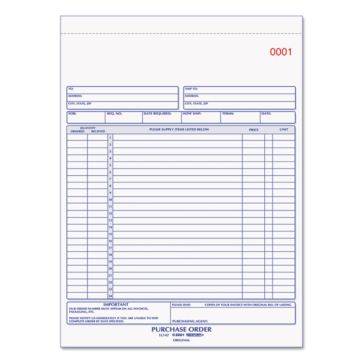Picture of Purchase Order Book, 8 1/2 x 11, Letter, Three-Part Carbonless, 50 Sets/Book