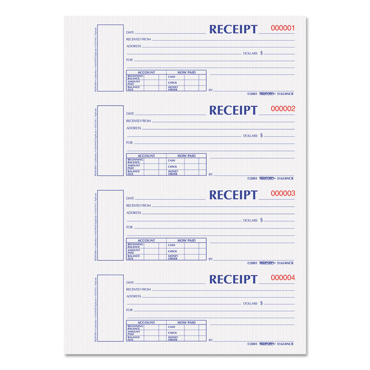 Durable Hardcover Numbered Money Receipt Book, Two-Part Carbonless, 6.88 x 2.75, 4 Forms/Sheet, 300 Forms Total