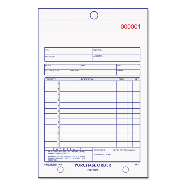 Picture of Purchase Order Book, Bottom Punch, 5 1/2 x 7 7/8, 3-Part Carbonless, 50 Forms