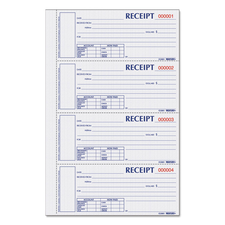 Picture of Hardcover Numbered Money Receipt Book, 6 7/8 x 2 3/4, Three-Part, 200 Forms