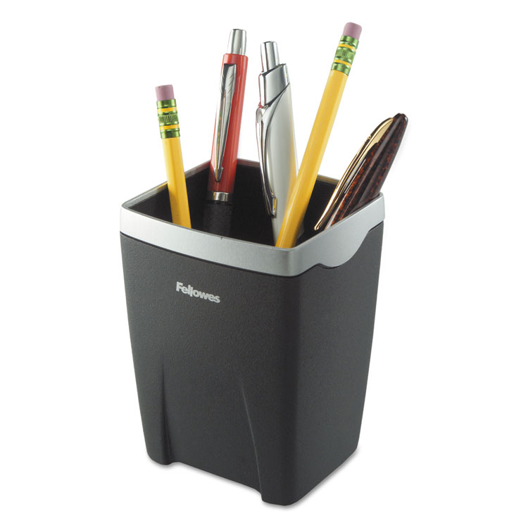 Picture of Office Suites Divided Pencil Cup, Plastic, 3 1/16 x 3 1/16 x 4 1/4, Black/Silver