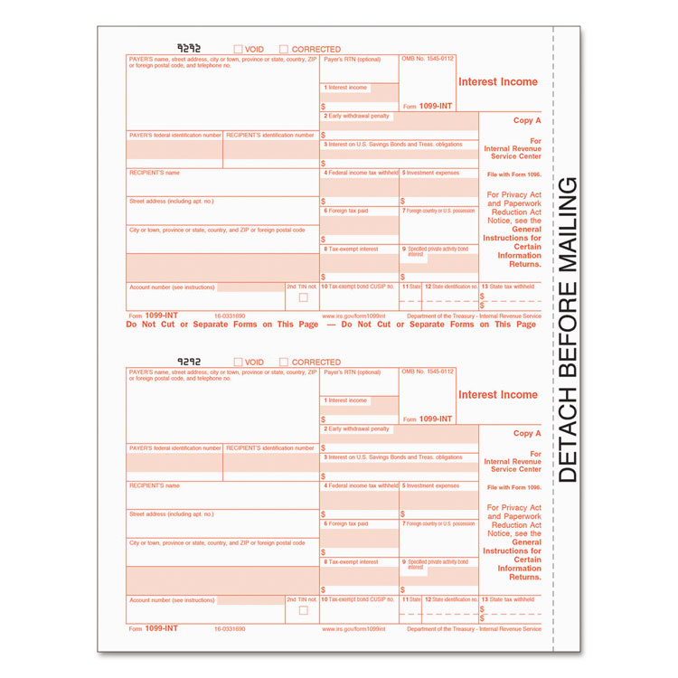 Picture of 1099-INT Tax Forms, 5-Part, 5 1/2 x 8, Inkjet/Laser, 76 1099s & 1 1096