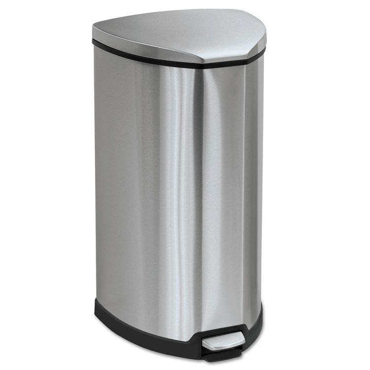 Picture of Step-On Waste Receptacle, Triangular, Stainless Steel, 10gal, Chrome/Black