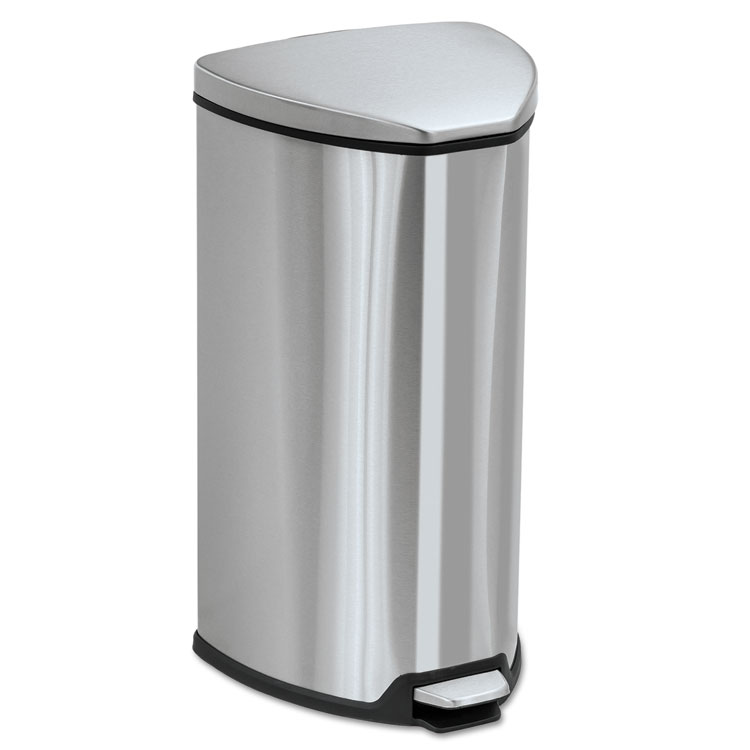 Picture of Step-On Waste Receptacle, Triangular, Stainless Steel, 7gal, Chrome/Black