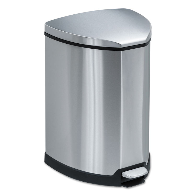 Picture of Step-On Waste Receptacle, Triangular, Stainless Steel, 4gal, Chrome/Black