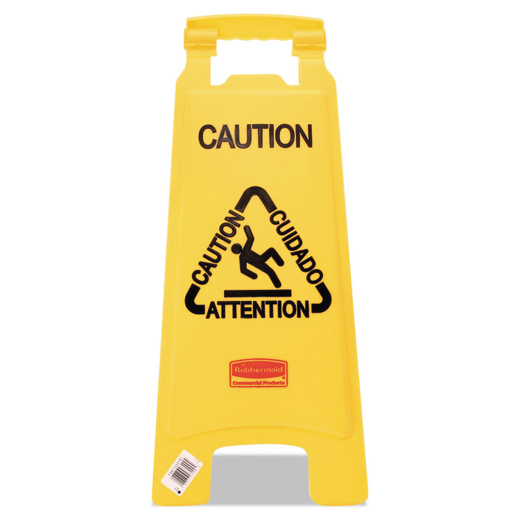 Picture of Multilingual "Caution" Floor Sign, Plastic, 11 x 1 1/2 x 26, Bright Yellow