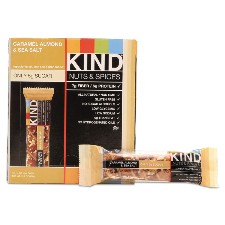 Picture of Nuts and Spices Bar, Caramel Almond and Sea Salt, 1.4 oz Bar, 12/Box