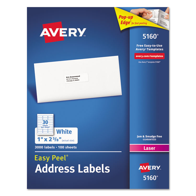 Picture of Easy Peel Mailing Address Labels, Laser, 1 x 2 5/8, White, 3000/Box
