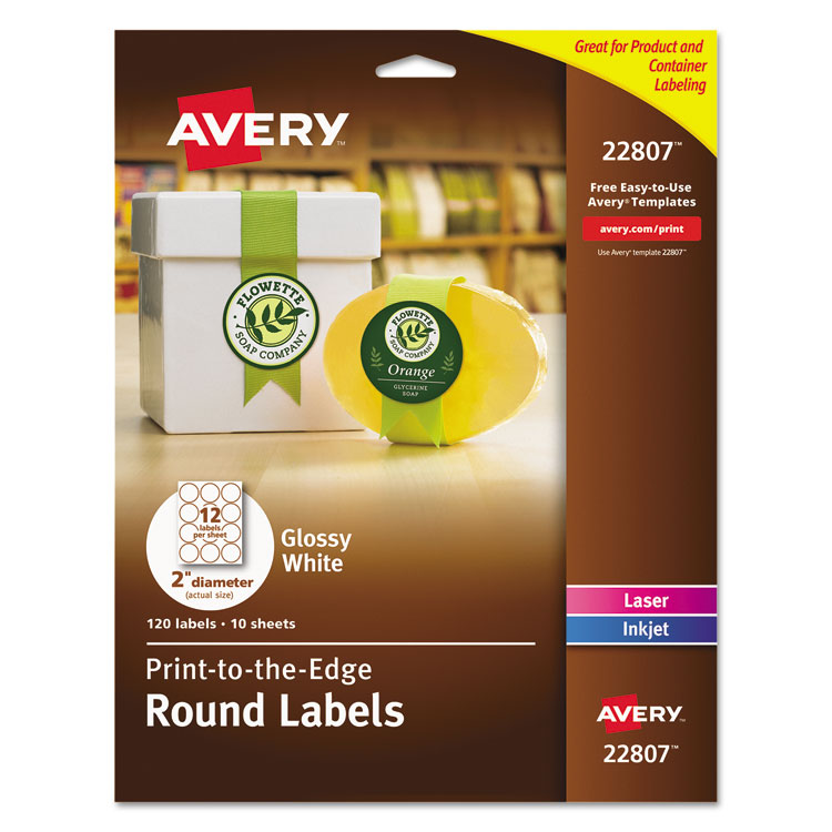 Picture of Round Print-to-the-Edge Labels, 2" dia, Glossy White, 120/Pack