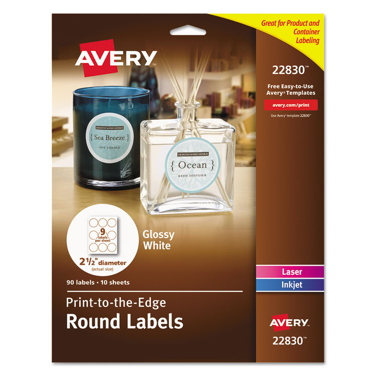 Picture of Round Print-to-the-Edge Labels, 2 1/2" dia, Glossy White, 90/Pack