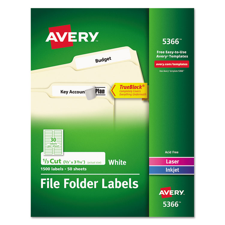 Picture of Permanent File Folder Labels, TrueBlock, Inkjet/Laser, White, 1500/Box