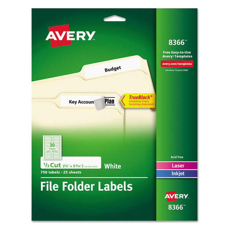 Picture of Permanent File Folder Labels, TrueBlock, Inkjet/Laser, White, 750/Pack