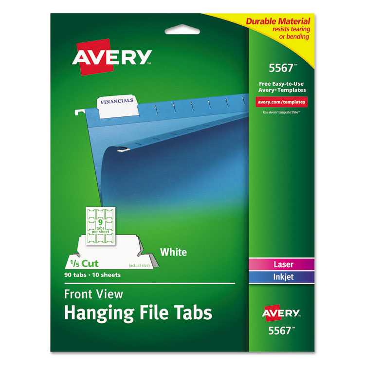 Picture of Print/Write-On Hanging Tabs, 1/5 Tab, 2 1/16, White, 90/Pack