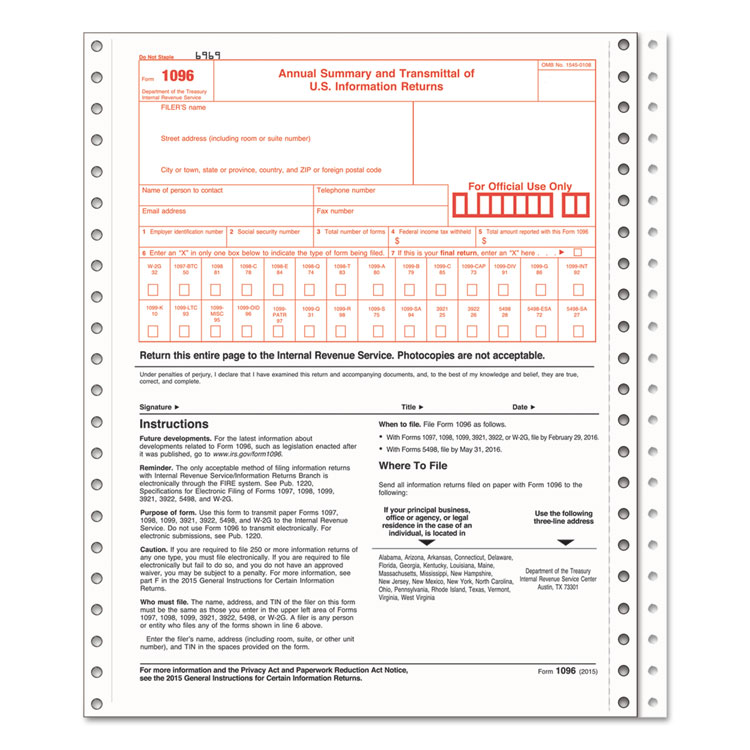Picture of 1096 Summary Transmittal Tax Forms, 2-Part Carbonless, 8 X 11, 10 Forms