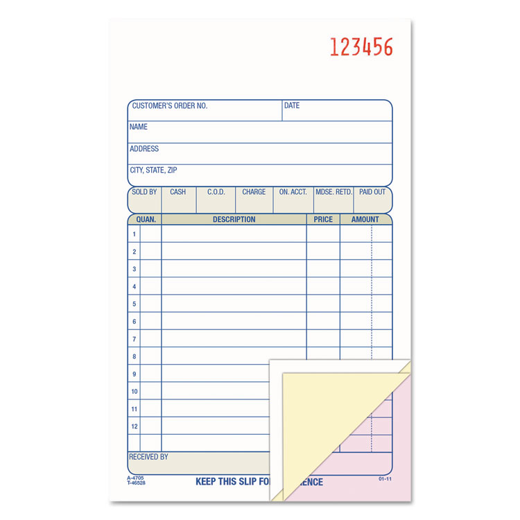 Picture of Carbonless Sales Order Book, Three-Part Carbonless, 4-3/16 x 7 3/16, 50 Sheets