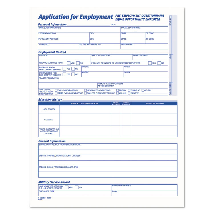 Picture of Comprehensive Employee Application Form, 8 1/2 x 11, 25 Forms
