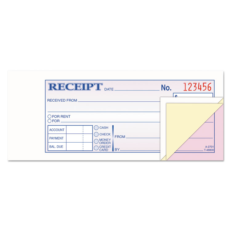 Picture of Receipt Book, 2 3/4 x 7 3/16, Three-Part Carbonless, 50 Forms