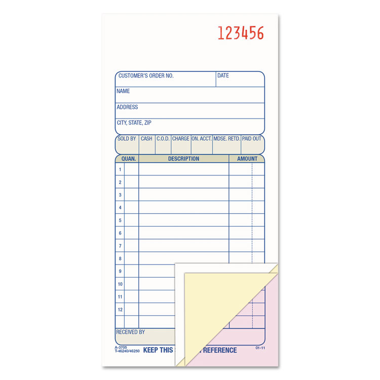 Picture of Carbonless Sales Order Book, Three-Part Carbonless, 3 1/4 X 7 1/8, 50 Sheets