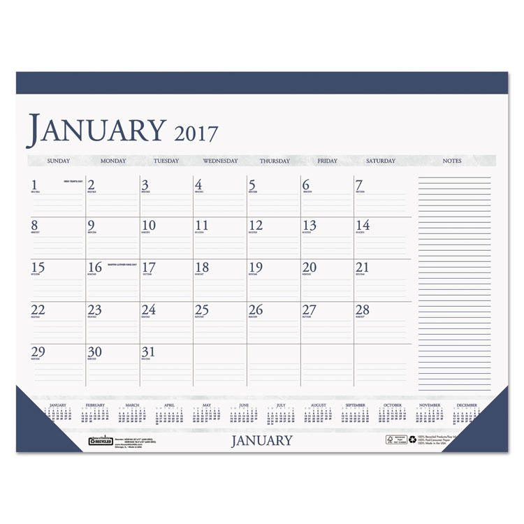 Picture of Recycled Two-Color Monthly Desk Pad Calendar w/Large Notes Section, 22x17