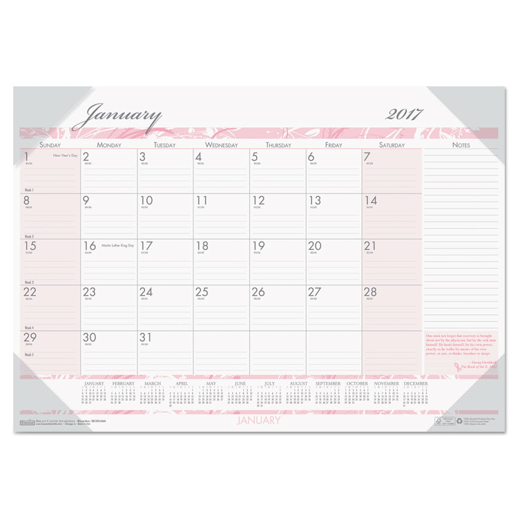 Picture of Recycled Breast Cancer Awareness Monthly Desk Pad Calendar, 18 1/2 x 13
