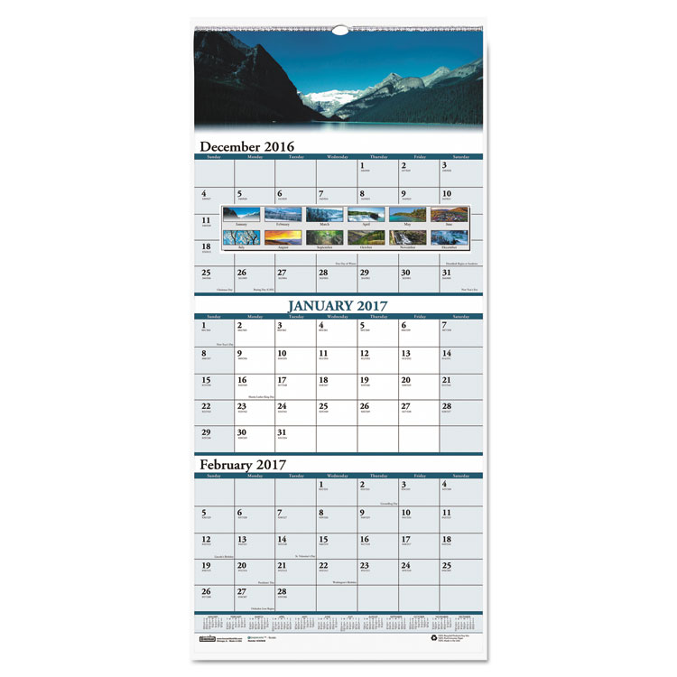 Picture of Recycled Scenic Landscapes Three-Months/Page Wall Calendar, 12.25x26, 