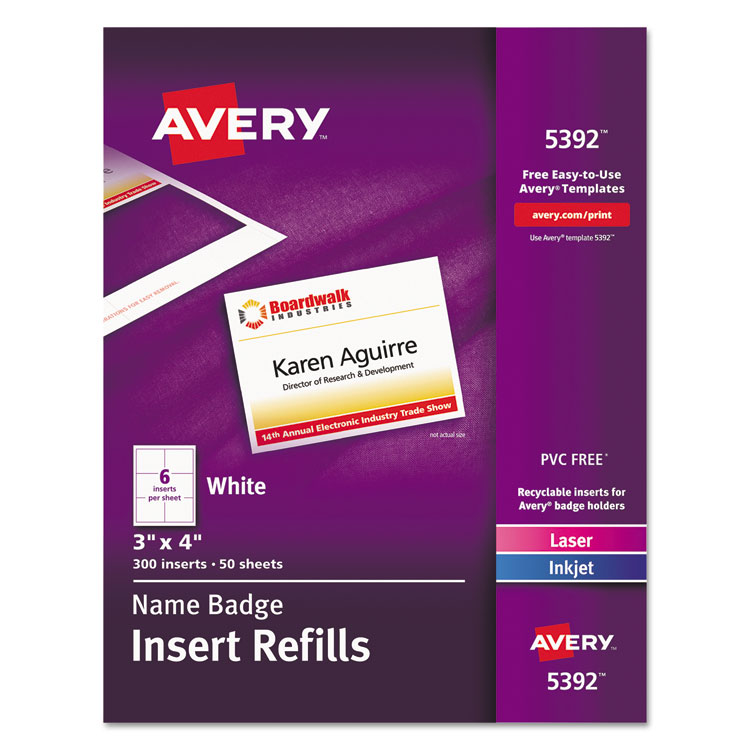 AVE5392 Avery 5392 Name Badge Insert Refills Horizontal Vertical 3 X 4 White 300 Box