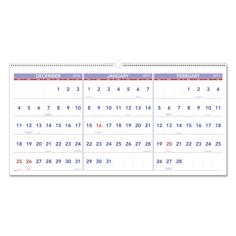 Picture of Horizontal-Format Three-Month Reference Wall Calendar, 23 1/2 x 12, 