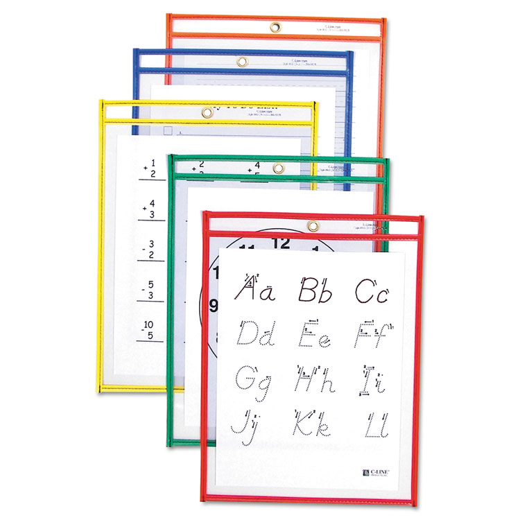 Picture of Reusable Dry Erase Pockets, 9 x 12, Assorted Primary Colors, 25/Box
