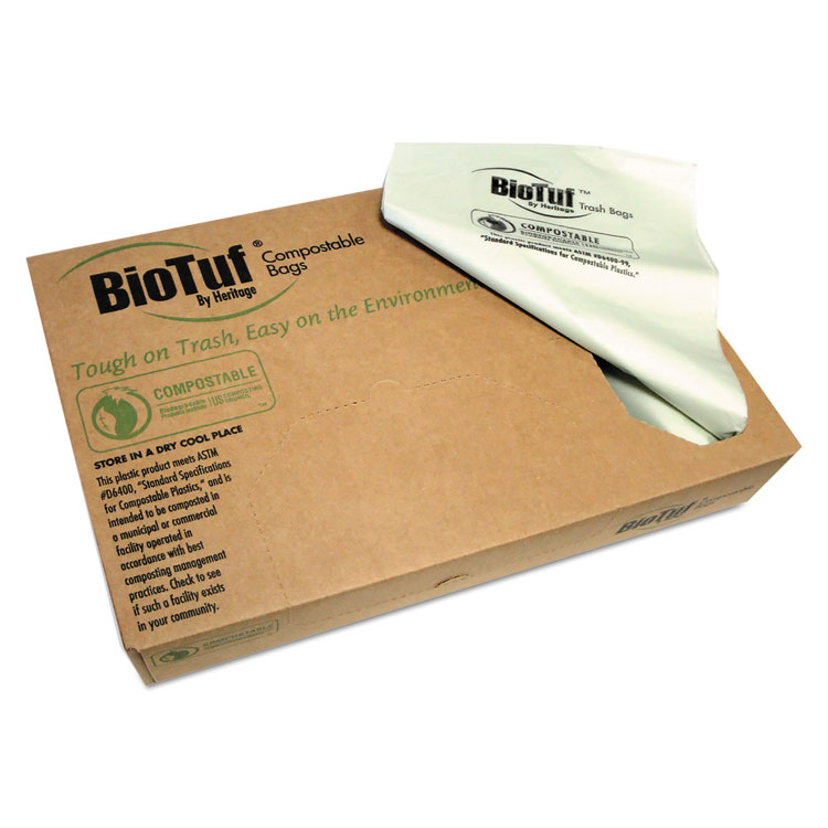 Biotuf Compostable Can Liners, 30 to 33 gal, 0.9 mil, 33" x 39", Light Green, 25/Roll, 8 Rolls/Carton