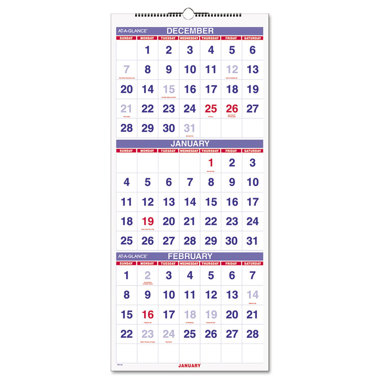 Picture of Vertical-Format Three-Month Reference Wall Calendar, 12 1/4 x 27, 