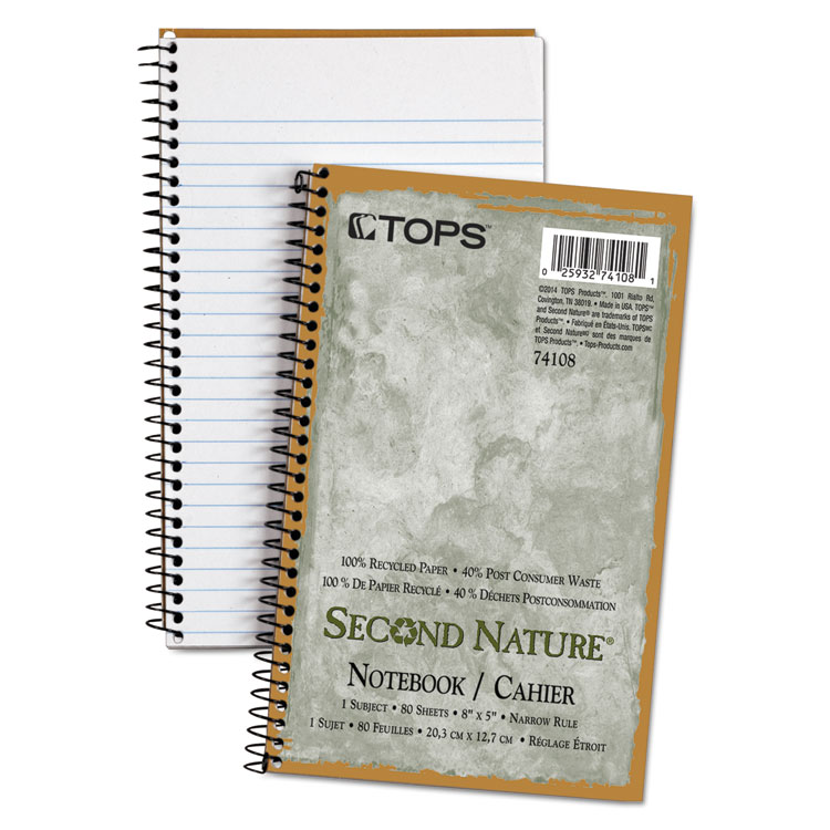 Picture of Second Nature Subject Wirebound Notebook, Narrow, 8 x 5, White, 80 Sheets