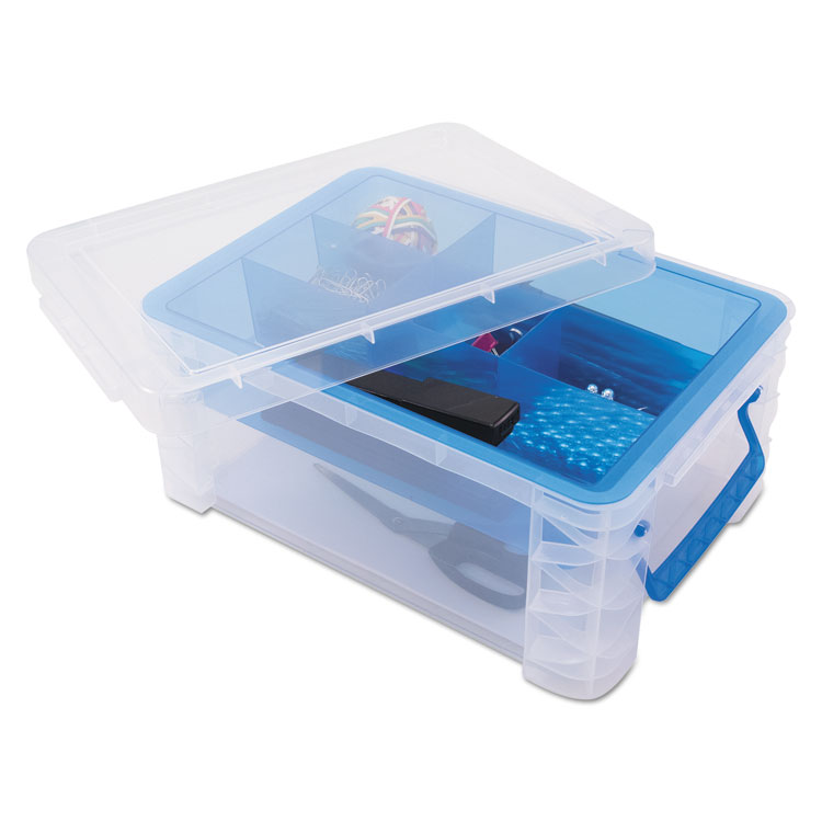 Picture of Super Stacker Divided Storage Box, Clear W/blue Tray/handles, 10.3 X 14.25x 6.5