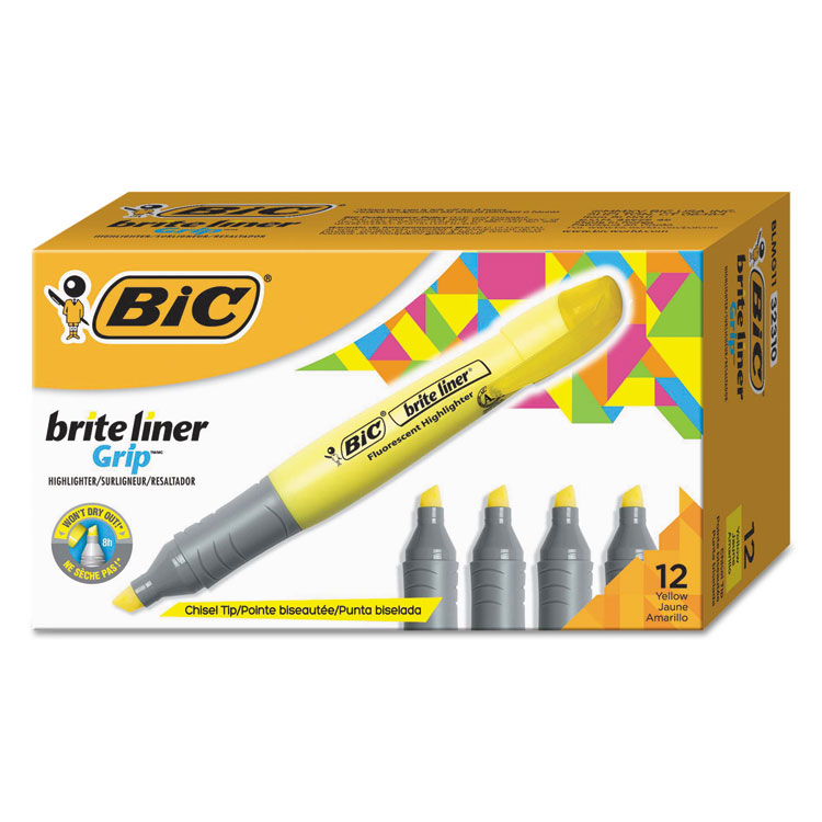 Picture of BIC Brite Liner Grip Highlighter, Chisel Tip, Fluorescent Yellow, Dozen (BICBLMG11YW)