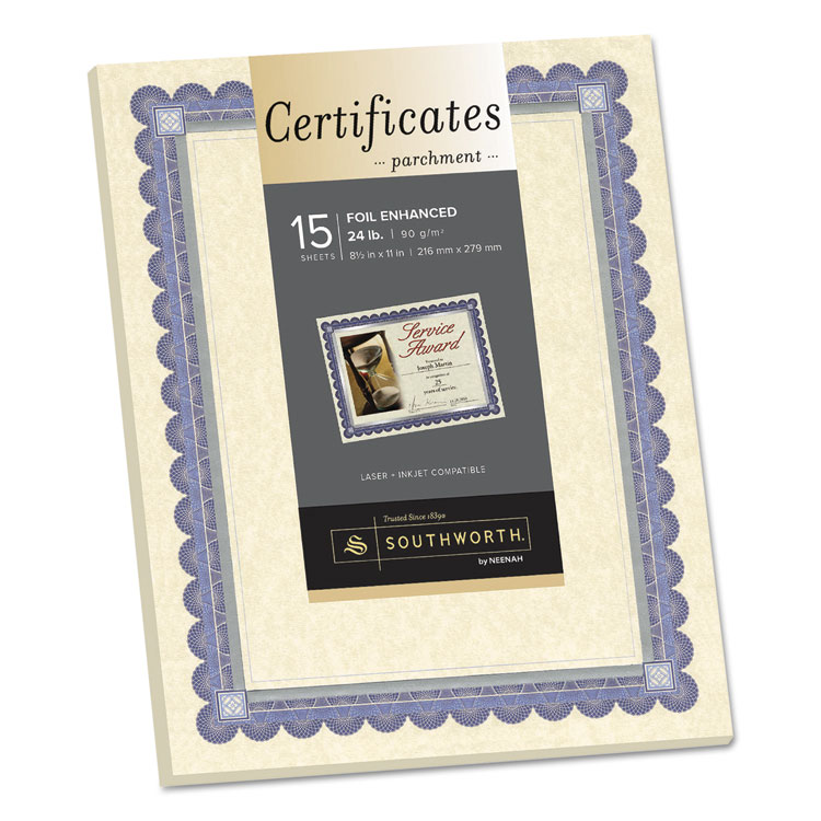 Picture of Foil-Enhanced Parchment Certificate, Ivory w/Blue/Silver Foil, 8 1/2 x 11, 15/PK