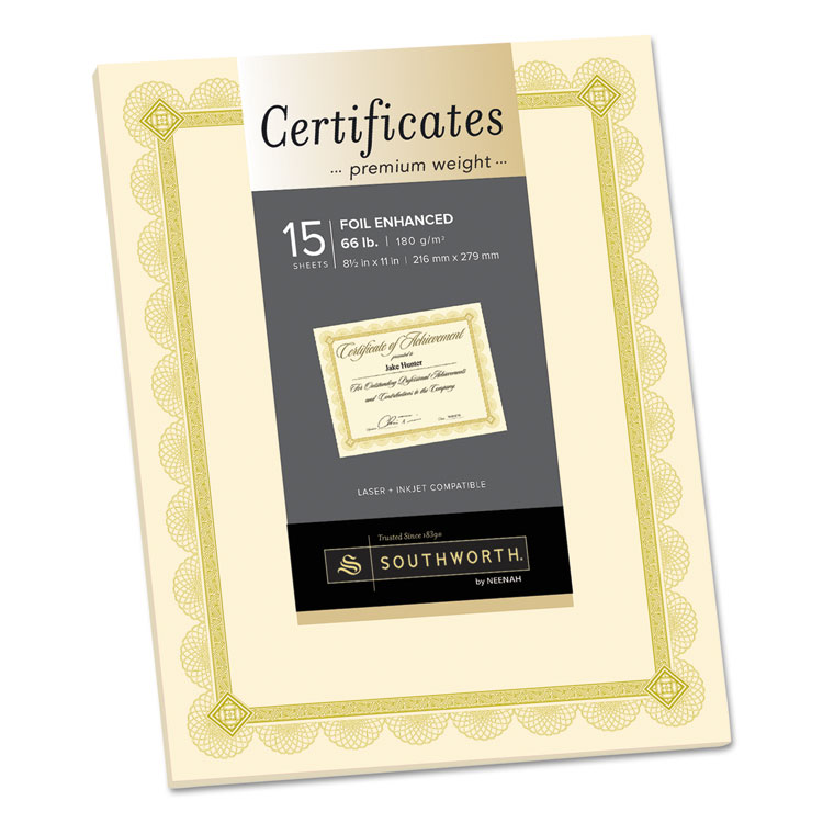 Picture of Premium Certificates, Ivory, Spiro Gold Foil Border, 66 lb,  8.5 x 11, 15/Pack