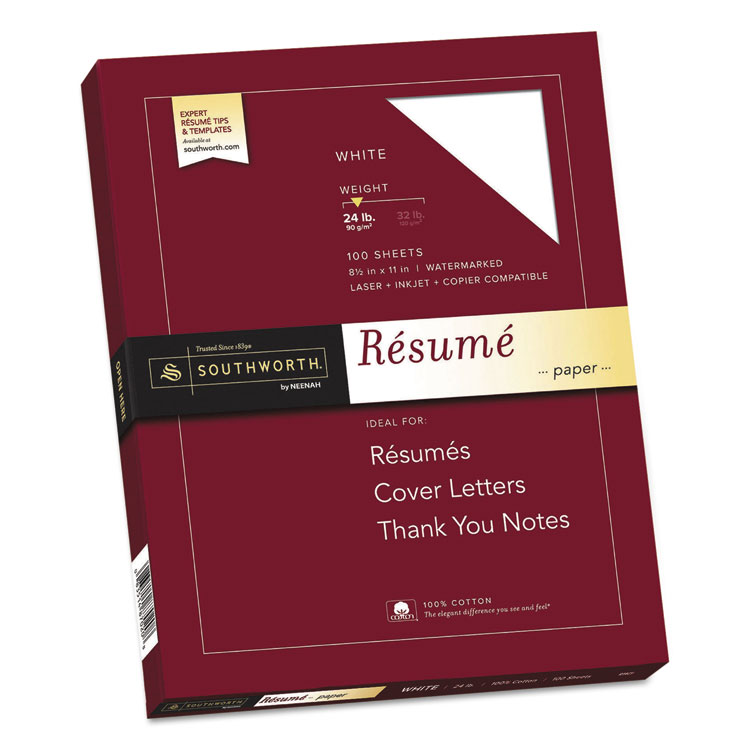 Picture of 100% Cotton Resume Paper, 24lb, 95 Bright, 8 1/2 x 11, 100 Sheets