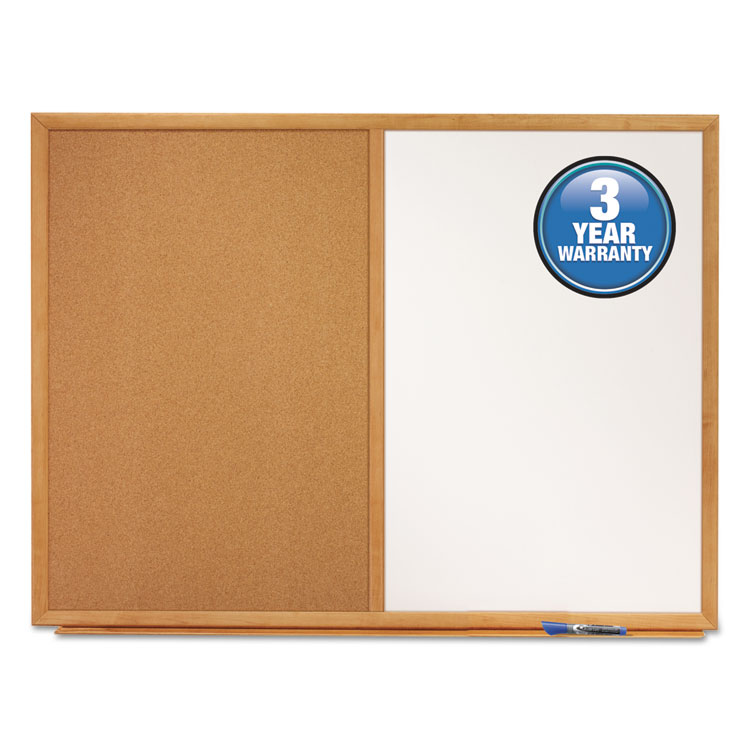 Picture of Bulletin/Dry-Erase Board, Melamine/Cork, 36 x 24, White/Brown, Oak Finish Frame