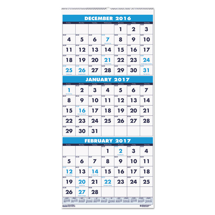 Picture of Recycled Three-Month Format Wall Calendar, 12 1/4 x 26, 14-Month, 
