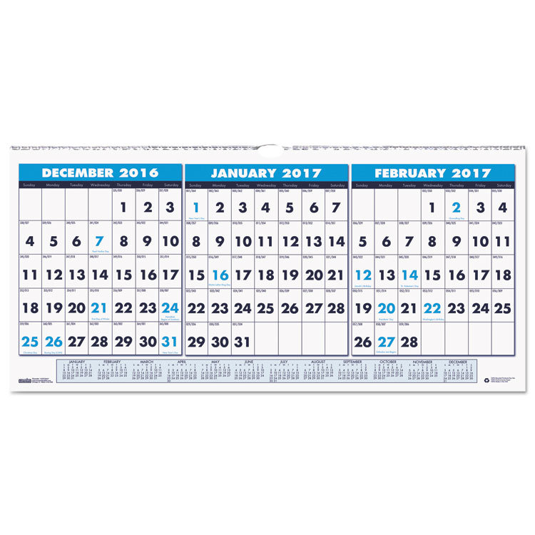 Picture of Recycled Three-Month Horizontal Wall Calendar, 23 1/2 x 12, 14-Month, 