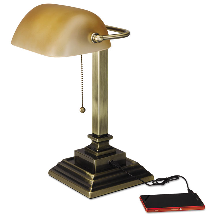 Picture of Traditional Banker's Lamp W/usb, 16"high, Amber Glass Shade W/antique Brass Base