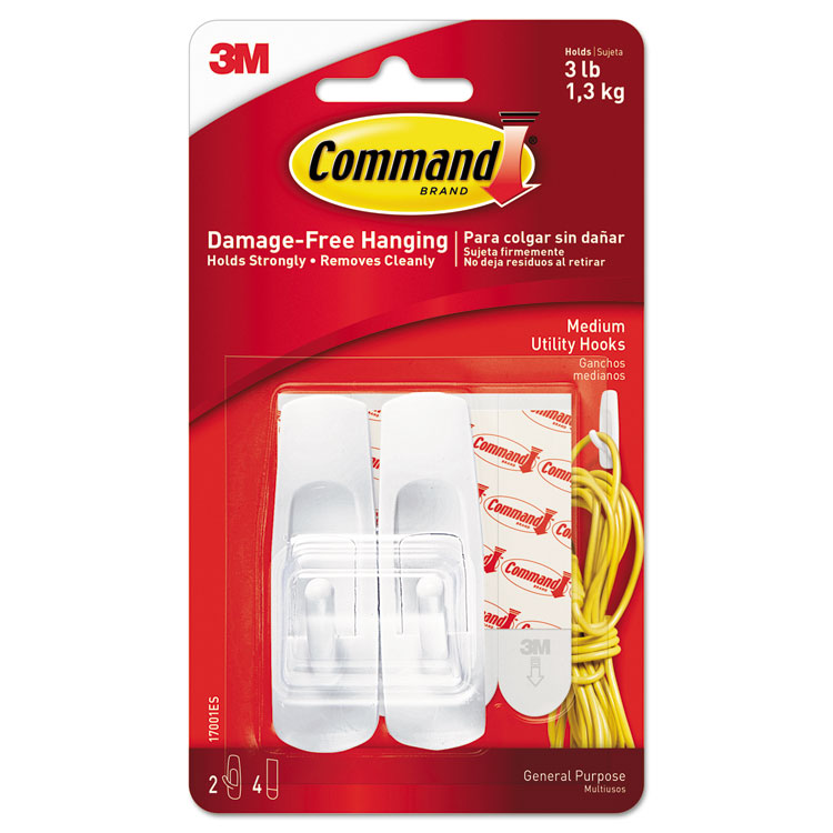 MMM17067ES, Command™ 17067ES General Purpose Wire Hooks, Small, 0.5 lb Cap,  White, 3 Hooks and 6 Strips/Pack