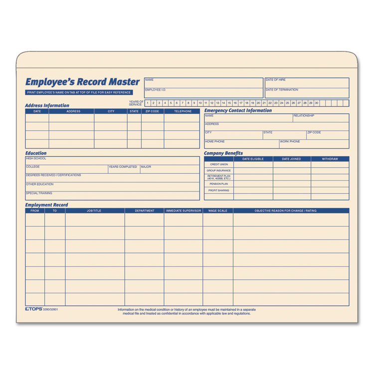 Picture of Employee Record Master File Jacket, 9 1/2 x 11 3/4, 10 Point Manila, 20/Pack