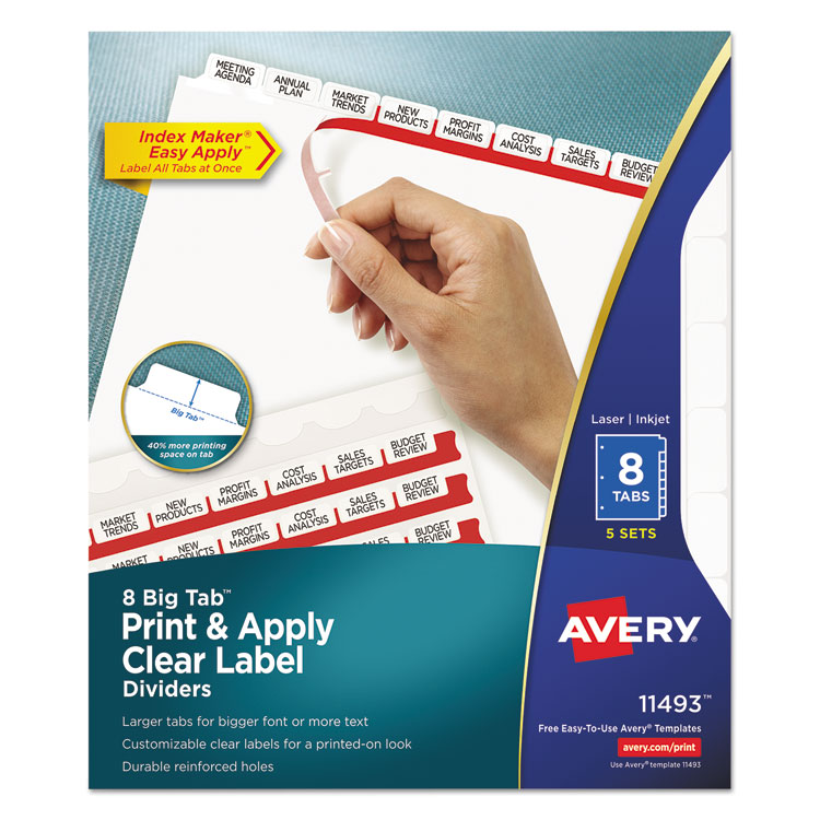 Picture of Print & Apply Clear Label Dividers w/White Tabs, 8-Tab, Letter, 5 Sets